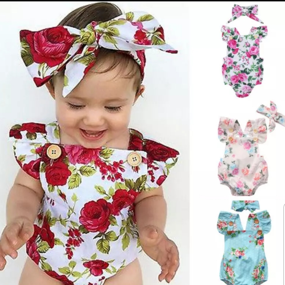NWT Baby Girl Floral Romper Set Roses Headband